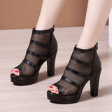 kamames Thick-Heeled Sandals Women's 2023 Summer New Net Gauze Fish Mouth Shoes Women's Waterproof Table Hollowed-Out Roman Sandals