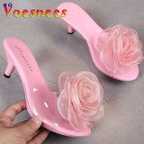 kamames Three-Dimensional Flowers Slippers Summer Transparent Sandals Beach Shoes Thin High Heels Walk Show Crystal Party Women Shoes