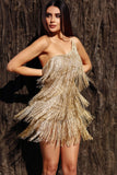 kamames One Shoulder Metallic Fringe Mini Dress - Gold