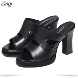 kamames Size 34-40 High Heels Slippers Women Platform Shoes Summer 2023 Block Heel Leather Slides Ladies Office Slippers