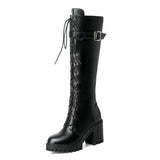 kamames Autumn Lacing Knee High Boots Women Fashion White Square Heel Long Boots Woman Pu Leather Shoes Winter Large Size 43