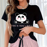 Womens Panda Print Casual Tee - Comfortable & Fashionable Short Sleeve Shirt with Playful Slogan, Adorable Round Neck Loungewear for Sweet Dreams