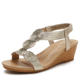 kamames Summer Women Sandals Wedges Casual T-Strap Gladiator Sandals Fashion Bling Gold Silver Knitted Beach Flat Shoes Women