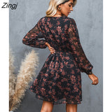 kamames PETAL Black Floral Chiffon A-Line Mini Dress Woman Sexy V-neck Long Sleeve Party Dress 2023 Spring Autumn Female Sundress