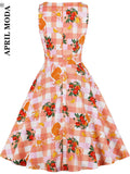 Zingj Arrivals Sleeveless Plaid Swing Flare Summer Dress Orange Fruit Printed 50s Elegant Party Wear A Line Midi Office Dresses