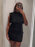 kamames Shiny Sequin Mini Dress Women Elegant High Waist Slim A-line Dresses 2024 New Female Party Club Robes