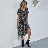 kamames Queens Women Floral Print Short Sleeve Beach Sexy Bohemian Midi Dress Ladies V-neck Boho Sundress Vestidos