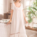 Womens Sleepwear Lace Trim Nightgown Dress - Fluffy Puff Sleeve, Elegant Knot Front, Classic Square Neck, Loose Fit, Flowy Maxi Design - Exquisite Mature Contrast Lace Trim for a Luxurious Feel