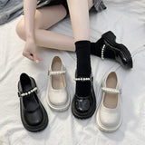 kamames Buckle Mary Jane Shoes Thick-Soled Flat-Soled Spring Single Shoes Round Head White Bright Leather Small British Leather Shoes