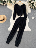 kamames Winter Casual Knitted Two Pieces Suits V Neck Long Sleeve Sweater+ Elastic Casual Long Pants Sets Women Sweater Sets