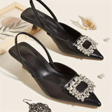 Chic All-Season Pointed-Toe Slingback Heels with Crystal Accents – Comfortable Faux Leather Sandals with Elastic Strap