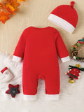 Adorable 'My First Christmas' Letter Print Romper & Hat Set for Baby Boys - Cozy Polyester Blend, Machine Washable - Perfect for Fall/Winter, Perfect for Outdoor