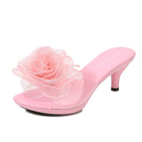 kamames Solid Color Feather Fairy Slippers Summer Transparent Sandals Thin High Heels Sexy Fur Crystal 6cm Low Heel Derss Women Shoes