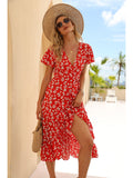 kamames Boho Style Floral Print Maxi Beach Dress Women Sexy Side Split Party Dress Short Sleeve Ruffle Casual Long Sundress