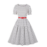 kamames A Line Swing Party Dress With Belt Short Sleeve Polka Dot White Sundress Kawaii Elegant Bandage 50s Rockabilly Dresses