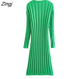 Zingj New Women Fashion Green Color Rib Knitting Dress Female Basic O Neck Long Sleeve Casual Slim Vestidos DS2656