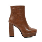 kamames Platform Women Boots Faux Leather Square High Heel Ankle Boots Zipper Boots Autumn Winter Ladies Shoes Black Brown