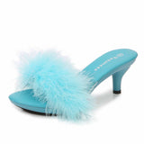 kamames Solid Color Feather Fairy Slippers Summer Transparent Sandals Thin High Heels Sexy Fur Crystal 6cm Low Heel Derss Women Shoes
