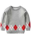 Cozy Boys' Argyle Plaid Sweater Pullover - Soft Round Neck Long Sleeve Stretch Warm Knit Top for Kids Outdoor Play - Classic Style Winter Clothing for Boys