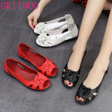 GKTINOO Flower Open Toe Summer Sandals Hollow Soft Genuine Leather Women's Shoes Flat Comfortable Fashion Sandals Large Size