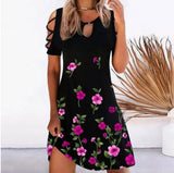 kamames Women Floral Print Party Dresses Sexy Summer Short Sleeve O-Neck Mini Dress For Ladies Hollow Out Design Elegant Dress 5147