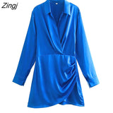 kamames Women Fashion Candy Color Pleats Design A Line Mini Dress Female Long Sleeve Soft Touch Casual Slim Party Vestidos DS2213