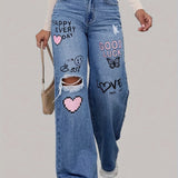 High Waist Heart Graffiti Jeans: Casual Wide-Leg Style, Ripped Denim for All Seasons