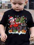 MILKYSHIP Kids Christmas Monster Truck Santa Print T-Shirt - Casual Crew Neck Polyester Tee with Applique, Slight Stretch, Summer Season Top for Boys, Regular Fit, Knit Fabric - Ages 12 & Under