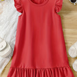 Girls' Summer Elegance: Flutter Sleeve Solid Color Dress - Ruffle Hem, Perfect for Holiday & Party Celebrations