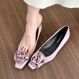 kamames Roses! Gentle Apricot Silk Satin Head Shallow Mouth Single Shoes Women's Low Thick Heels Flat Shoes
