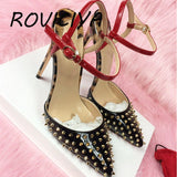 kamames slingbacks rivet sandals women shoes summer shoes for women pointed toe 12cm high heels ankle strap LX004 ROVICIYA