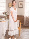 Womens Sleepwear Lace Trim Nightgown Dress - Fluffy Puff Sleeve, Elegant Knot Front, Classic Square Neck, Loose Fit, Flowy Maxi Design - Exquisite Mature Contrast Lace Trim for a Luxurious Feel