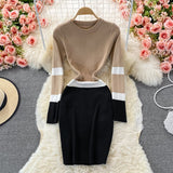 kamames Winter 2021 Simple Warm Tight Dress Elegant Office Lady Dress Long Sleeve High Waist Pencil Stretch Knit Dress Women