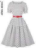 kamames A Line Swing Party Dress With Belt Short Sleeve Polka Dot White Sundress Kawaii Elegant Bandage 50s Rockabilly Dresses