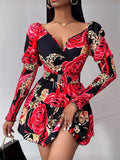 kamames New Flower Printing Waist V Collar Bubble Sleeve Dress