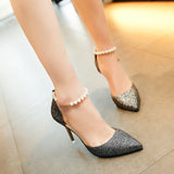 kamames Women Summer 2024 New Korean Version Of The Pearl One-Word Buckle Pointed Sexy Stiletto High-Heeled Shoes