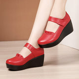 kamames Slope Heel Single Shoes Women's 2023 Thick Bottom Waterproof Platform Soft Soles Red Large Size 43 Middle-Aged Mother Shoes