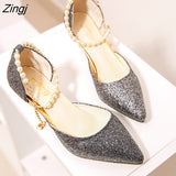 kamames Pointed toe Pearl High heels shoes Female Fashion hollow with Sandals Paillette of the Thin Breathable shoes Women Pumps