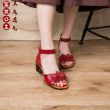 kamames kamames Summer Sandals National Style Leather Women's Shoes Thick Heels Fish Mouth Mother Shoes Middle-Aged Women's Shoes Soft-Soled Women's Sandals