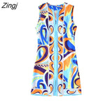 Zingj Women Vintage Contrast Color Geometric Print Retro Mini Dress Female Chic O Neck Sleeveless Zipper Vest Vestidos DS1518