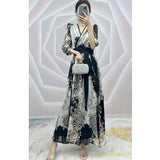 kamames Elegant Fashion Vintage Print Waist Lace Up Long Dress Women Sexy V-neck Temperament Dresses Casual Robe Vestidos Mujer