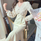 kamames Long White Dress Women French Vintage V-neck Lace Slim Y2K Dress Spring Korean One Piece Casual Evening Party Dress 2023