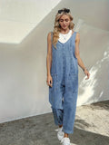 Plain Washed Blue Loose Fit Casual Style Adjustable Strap Denim Overalls Dungarees, Women's Denim Jeans & Clothing