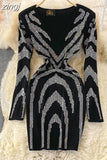 kamames Women Sexy Black Bling Diamonds Bodycon Mini Dress Female Spring Autumn Elegant V-Neck Long Sleeve High Waist Party Vestidos New