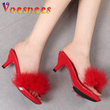 kamames Solid Color Feather Fairy Slippers Summer Transparent Sandals Thin High Heels Sexy Fur Crystal 6cm Low Heel Derss Women Shoes