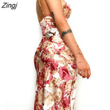 kamames Summer Women Dresses Floral Print Spaghetti Strap 2022 New Casual A-line Midi Deep V-Neck Backless Sexy Club Sling Dress