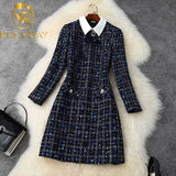 kamames New Fashion Vintage Tweed Dress Women's Fall Winter 2020 British Short Dress Long Sleeve Elegant Vestidos