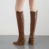 kamames Western Cowboy Knee High Boots Faux Leather Women Boots Fashion Wedges High Heels Long Boots Autumn Winter Zipper Shoes