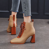 kamames Women High Heel Leather Short Boots Fashion Retro Lace-up Square Toe Heeled Ankle Booties Woman 2022 Spring shoes Botas De Mujer