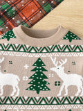 Boys' Christmas Sweater, Long Sleeve Knit Pullover, Casual Round Neck, Regular Fit, Stretchy Fabric, Holiday Tree & Reindeer Pattern, All Seasons, Regular Sleeves, Toddler Fashion